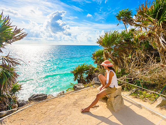 Paradise Scenery of Tulum at tropical coast and beach. Mayan rui