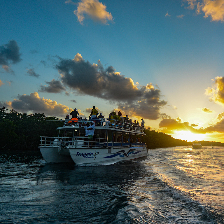 Enjoying the celebration on board with a breathtaking sunset in the background.